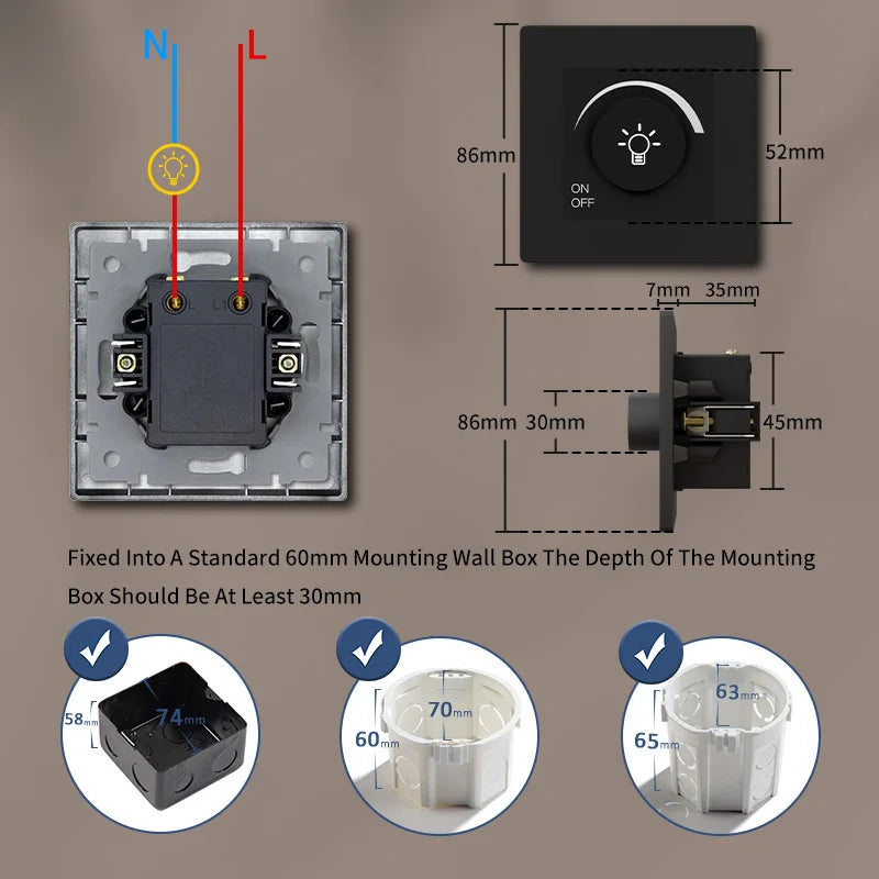 BSEED Light Dimmer Switch Rotary Knob Switch for Light Dimming Glass Frame Panel Fan Speed Control Switch Light Dimmable Switch