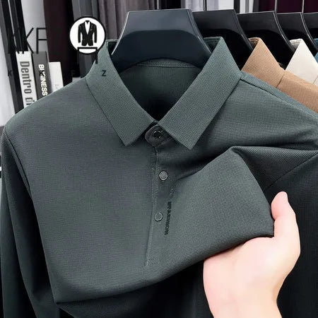 Men Long Sleeve Polo Shirt Turn Down Collar Button Placket Soft Textured Fabric Business Office Daily Wear Male Casual Tops