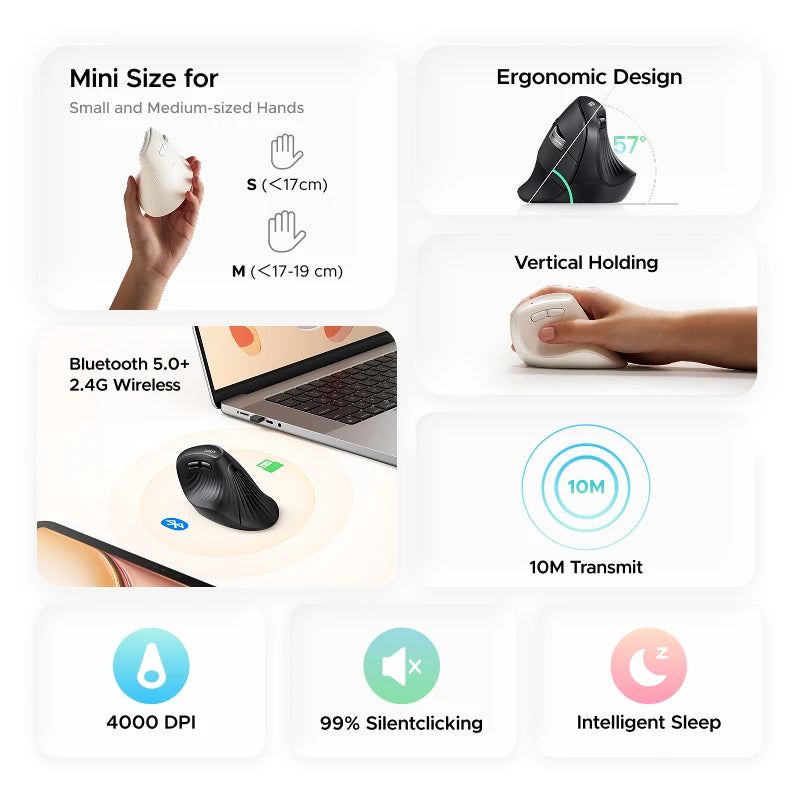 UGREEN Vertical Mouse Ergonomic Wireless Bluetooth5.0 2.4G  4000DPI Small Hand Size  for MacBook Tablet Laptops Computer