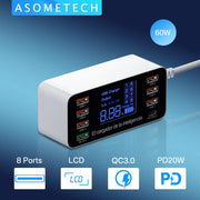 ឆ្នាំងសាក USB 8 រន្ធ QC3.0 សាកលឿន សាកថ្មទូរស័ព្ទ អាដាប់ទ័រប្រភេទ C 20W PD សាកលឿនសម្រាប់ iPhone 13 12 Samsung Xiaomi Huawei