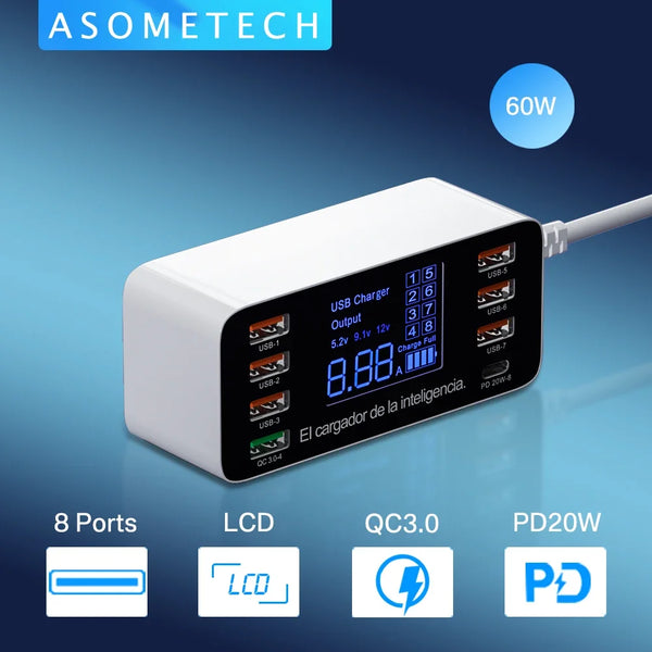 ឆ្នាំងសាក USB 8 រន្ធ QC3.0 សាកលឿន សាកថ្មទូរស័ព្ទ អាដាប់ទ័រប្រភេទ C 20W PD សាកលឿនសម្រាប់ iPhone 13 12 Samsung Xiaomi Huawei