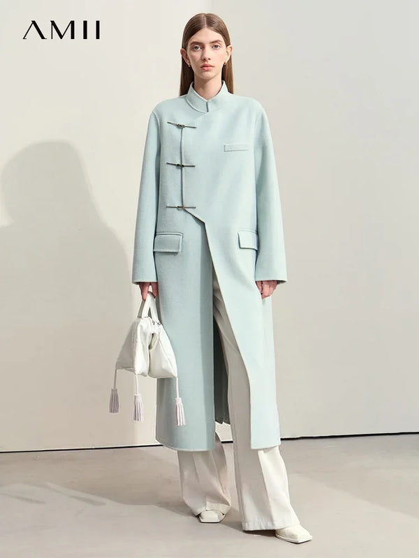 Amii Minimalist Winter Clothes Women 2026 Long Coat 100% Woolen Coat New Chinese Style Office Lady  Soild Loose Jacket 12424017
