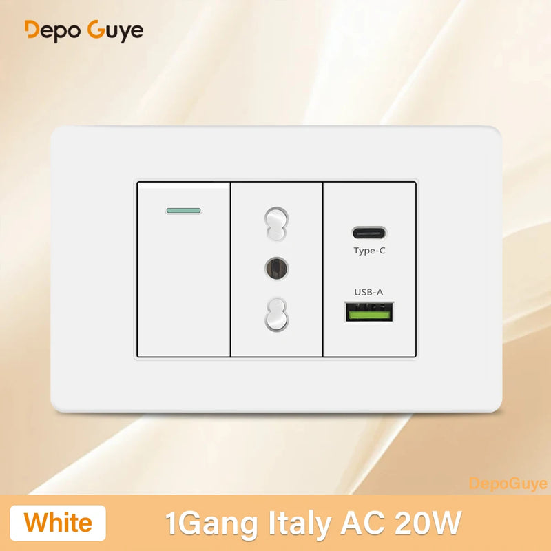 Italy Chile Mexico USB Smart Type-c 20W Fast Charging Wall Outlet plug,Brazil Electric Light Switch Panel Universal usb c Socket