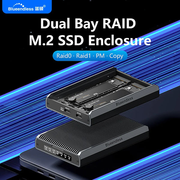 ប្រអប់ Blueendless 2 Bay RAID M.2 SATA M.2 NVME SSD អាលុយមីញ៉ូម Dual Bay NVMe RAID SSD គាំទ្ររបៀប RAID0/1/PM អតិបរមា 16TB