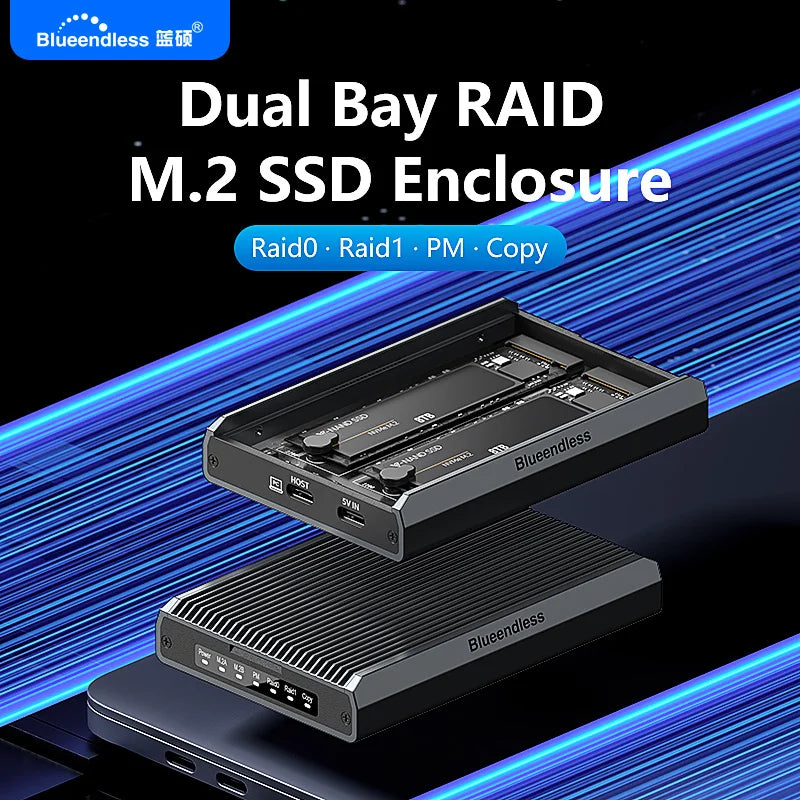 ប្រអប់ Blueendless 2 Bay RAID M.2 SATA M.2 NVME SSD អាលុយមីញ៉ូម Dual Bay NVMe RAID SSD គាំទ្ររបៀប RAID0/1/PM អតិបរមា 16TB