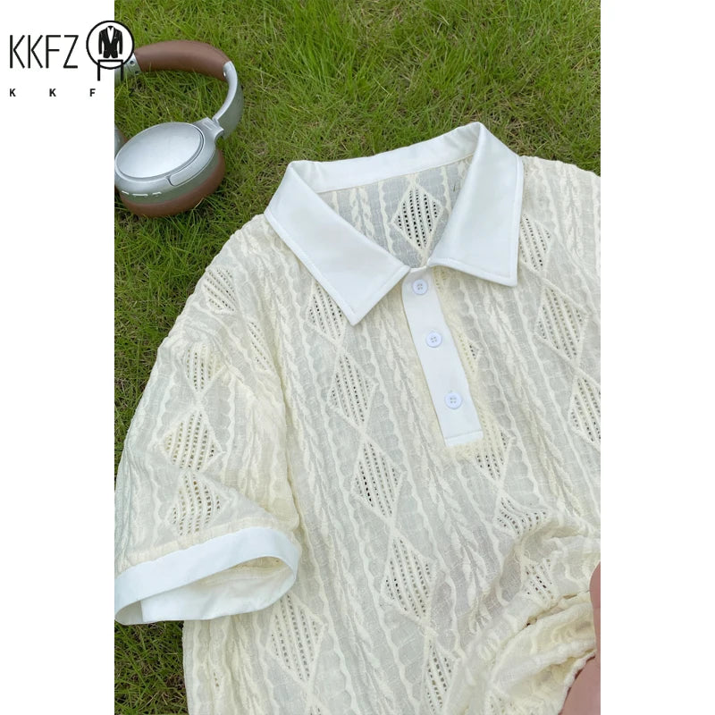 Mens Loose Oversized Diamond Pattern Polo Shirt Short Sleeve Button Placket Lightweight Fabric For Commute Multi Occasion Wear