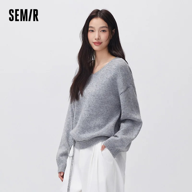 Semir Women Knit Sweater V Neck Drop Shoulder Balloon Sleeve Wool Blend Versatile Relaxed Fit 2026 New Winter Daily Wear
