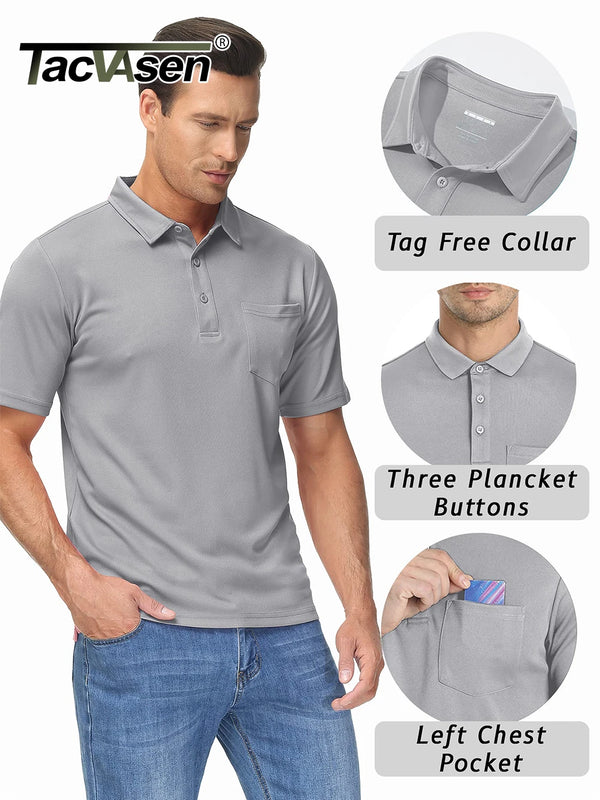 TACVASEN Summer Quick Dry Polos T-shirts Mens Breathable Sport Hiking Tee Shirts Casual Golf Polos T-Shirt Work Tops With Pocket