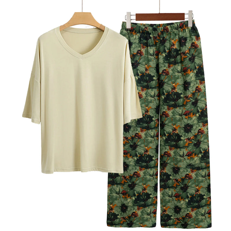 New Print Room Sleepwear Set Short Sleeve Women's Pajamas Casual 2 Pieces Loungewear Clothes Spring Summer Modal Home Suit