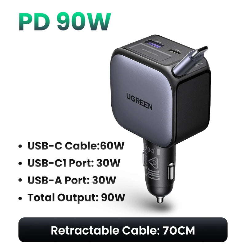 UGREEN 145W 90W 60W Car Charger 3 USB-C & 1 USB-A Ports PD QC4.0 Fast Charging with Retractable Cable for iPhone 18 Pro MacBook
