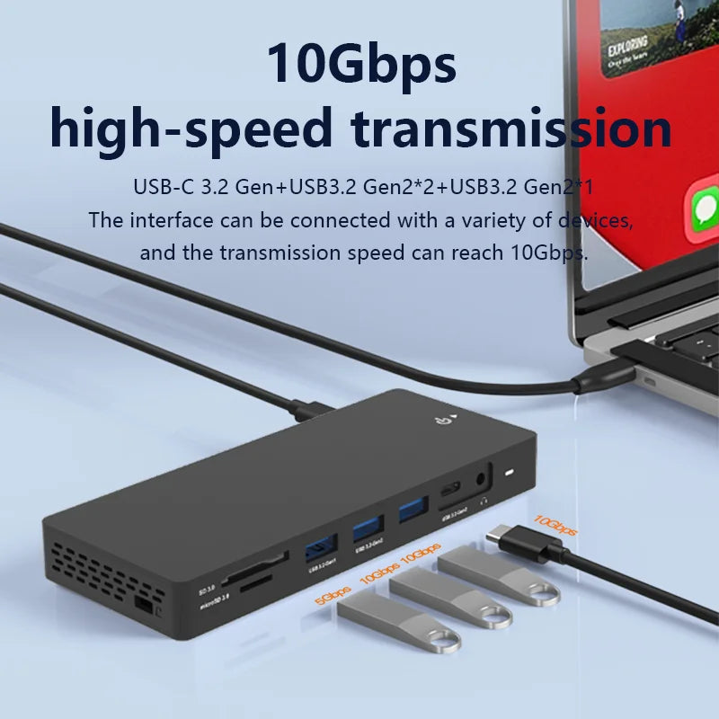 ស្ថានីយ៍ចត USB C Blueendless 4K60Hz HDTV អេក្រង់បី HDMI ពីរ 12-in-1 C Hub PD100W RJ45 SD&TF 4.0 សម្រាប់កុំព្យូទ័រយួរដៃ MacBook