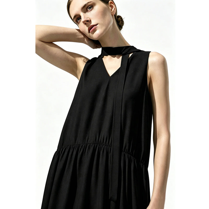 Amii Women's Dress 2026 Summer New V-Neck Tie Low Waist Sleeveless A-Line Midi Dress Holiday Casual Flowy Woman Clothes 12652073