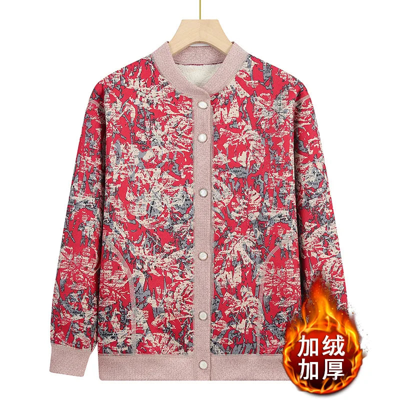 Grandma Clothing Printed Add Velvet Warm Cardigan Jacket Thicken Fleece Hot Sweater For Woman Buttons Knitwear Women Coat