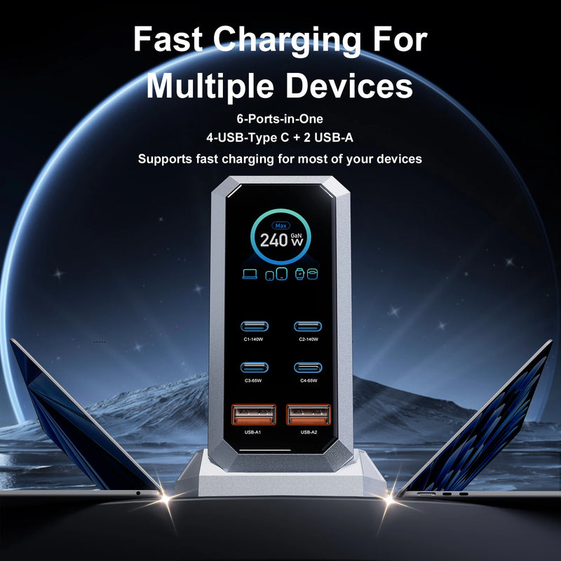 ស្ថានីយ សាក ថ្ម GaN 240W PD3.1 USB Type C 140W សាក ថ្ម លឿន ជាមួយ អេក្រង់ LCD សម្រាប់ iPhone 17 16 Samsung MacBook iPad កុំព្យូទ័រ យួរដៃ ថេប្លេត
