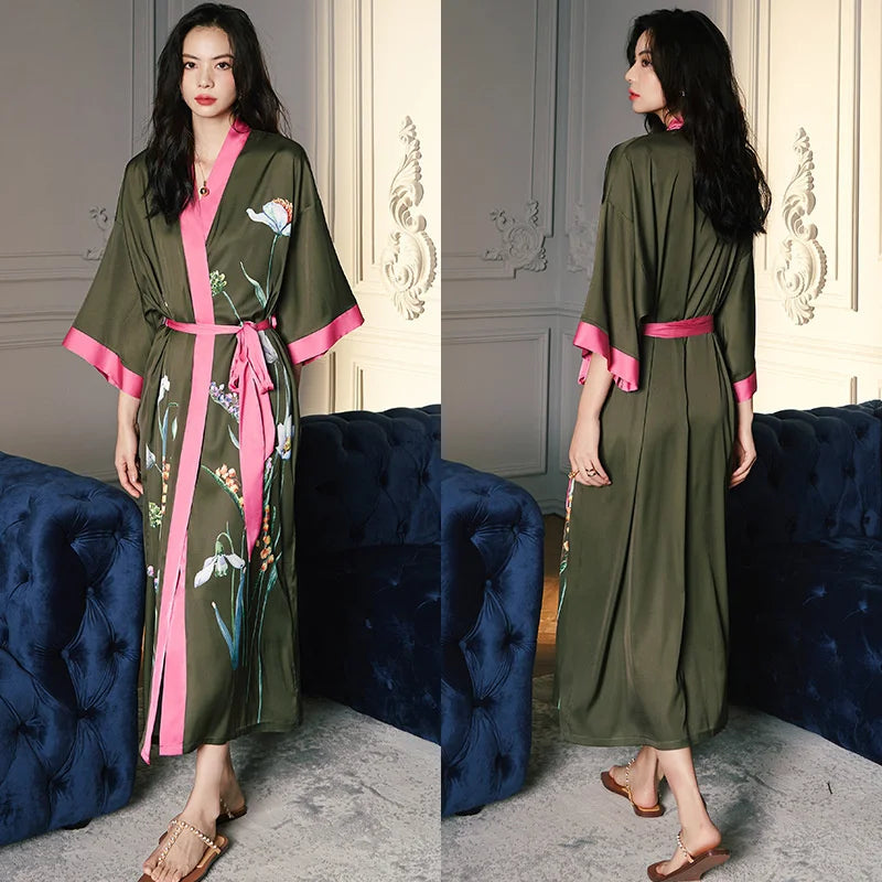 Women Ice Silk Rayon Home Dress Black Print Flower Long Robe Nightgown Spring Summer Half Sleeve Kimono Bathrobe Gown
