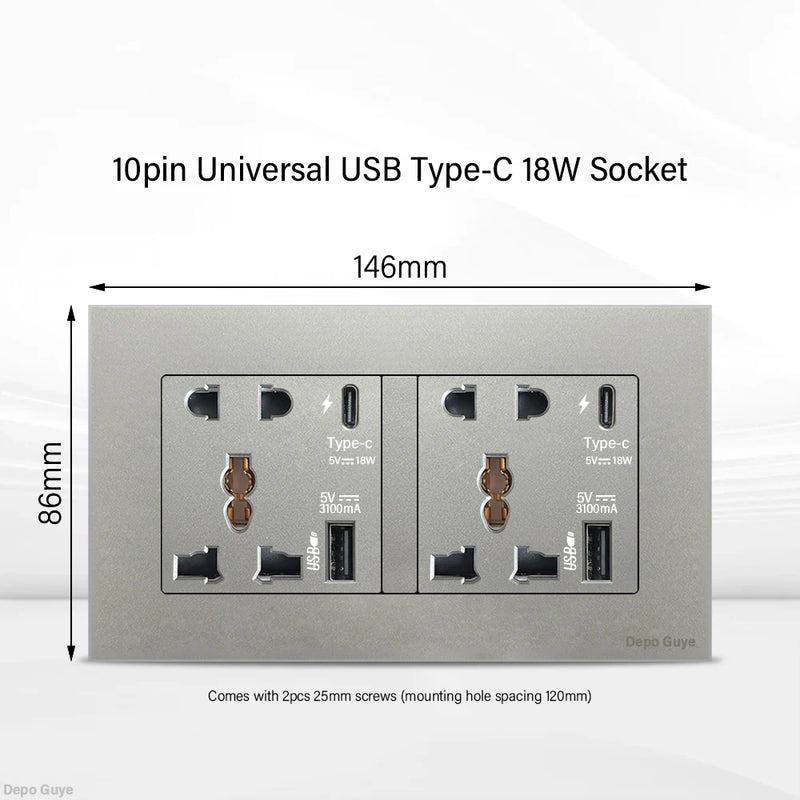 Universal 18W Type-C Quick charge Double Power Outlet,220V Electrical Wall Light 2way Switch UK 13A Wall Double USB Plug Socket