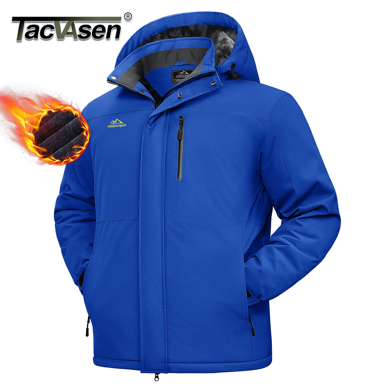 TACVASEN Mens Heavyweight Ski Jacket Waterproof Fleece Parka Detached Hood Windproof Placket Outdoor Coat Winter Warm 5 Pocket