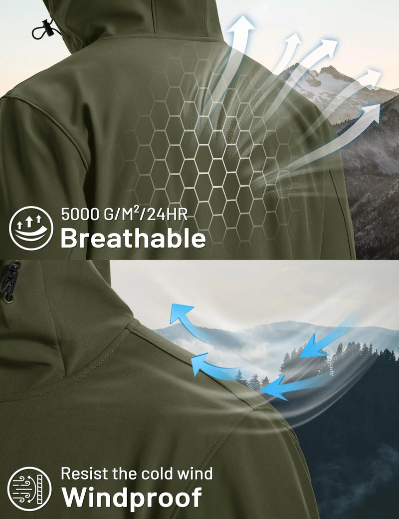 TACVASEN Mens Winter Warm Softshell Fleece Jacket Waterproof Lightweight Outdoor Hiking Jacket Breathable Hooded Fishing Coat