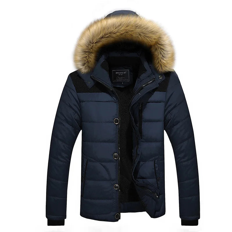 Men's Winter Black Hooded Parkas Jacket, Fake Fur Collar Thick Coats, Fashion Warm Outerwear Male Overcoat Blue Red Jaqueta
