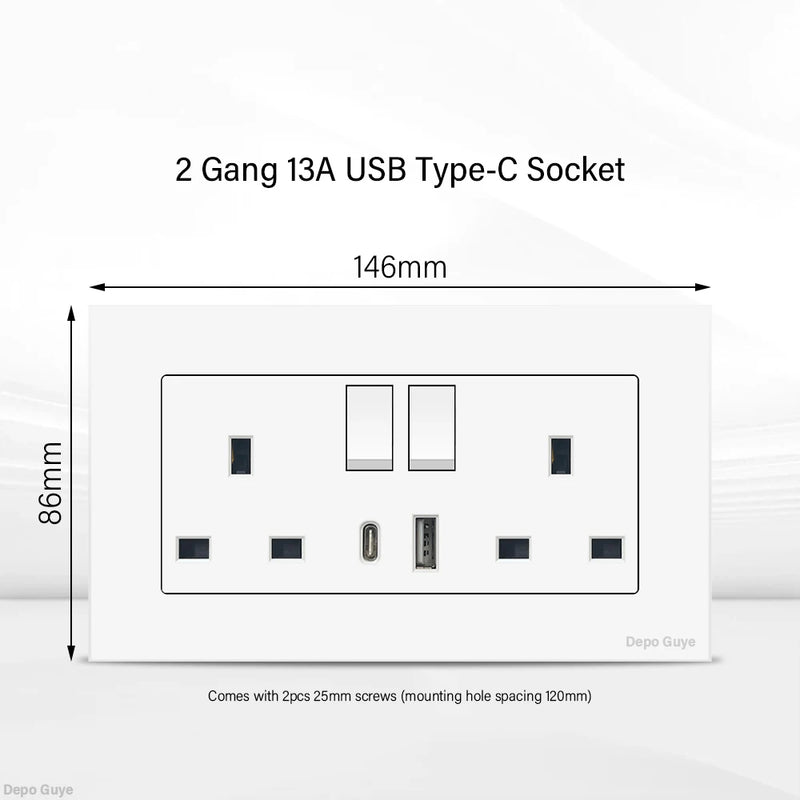 UK 13A Wall Socket with USB Type C 18W Quick Charge Power Outlet,Universal Electrical  Wall Light Switch Dual 3-pin Socket 220V