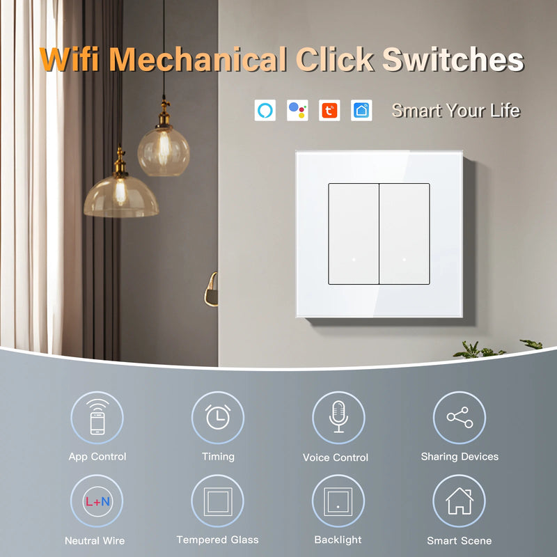 BSEED WIFI Light Switch 1/2/3Gang 2Way Smart Click Button Switch With EU Wall Socket Glass Panel Tuya Smart Life Alexa Control