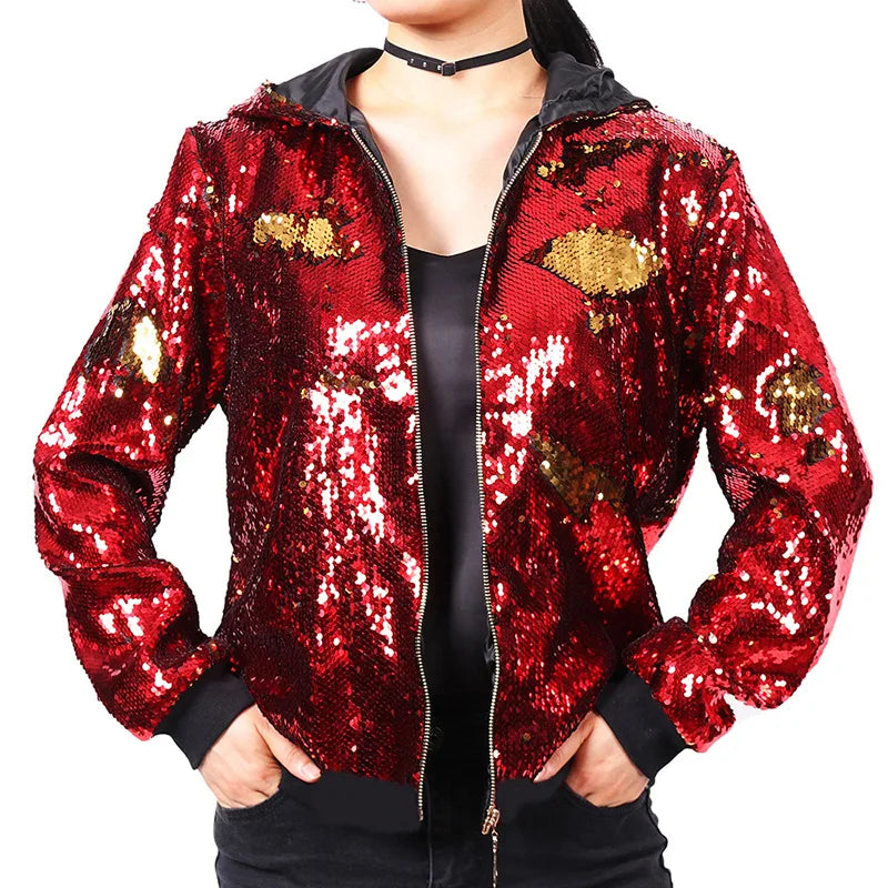 Sparkling Red Hooded Jacket with Sequin Decoration for Women, Fashionable Gold Outerwear with Silver Blue Purple Green Options