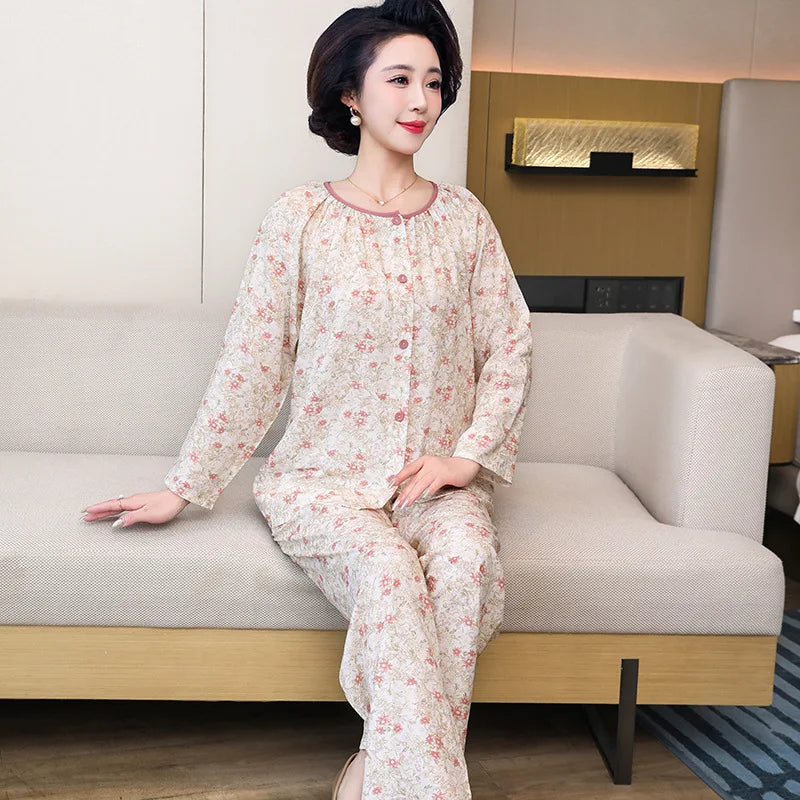 2 Piece Set Nightwear for Women Pajamas 2026 Spring Autumn Long Sleeve Middle-aged Home Wear Loungewear Set Woman Night Clothes