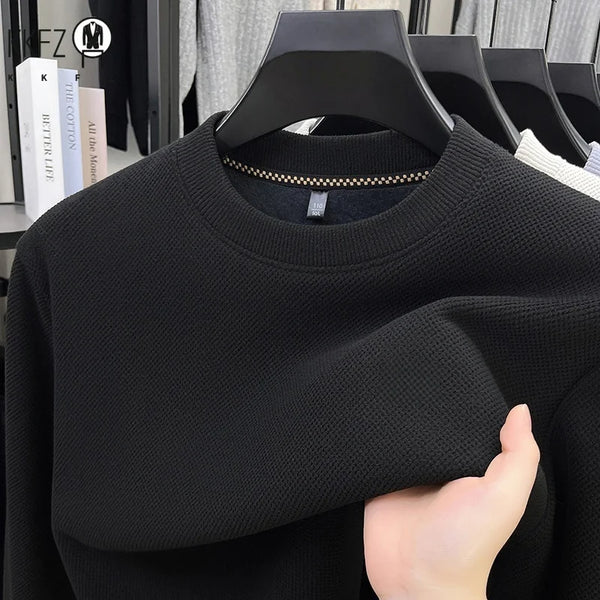 Men Thick Fleece Lined Waffle Knit Pullover Long Sleeve Crew Collar Relax Fit Warm Daily Office Wear Top