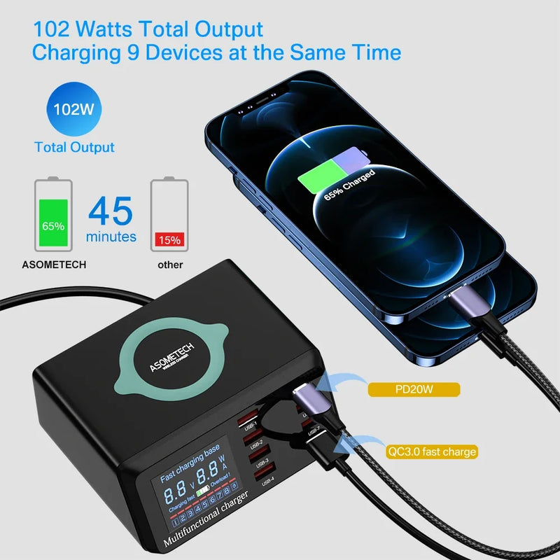 ឆ្នាំងសាកឥតខ្សែ 100W 8 រន្ធ USB Quick Charge 3.0 Adapter HUB ស្ថានីយ៍សាកថ្មឥតខ្សែ PD Fast Charger សម្រាប់ iPhone 11 13 Samsung
