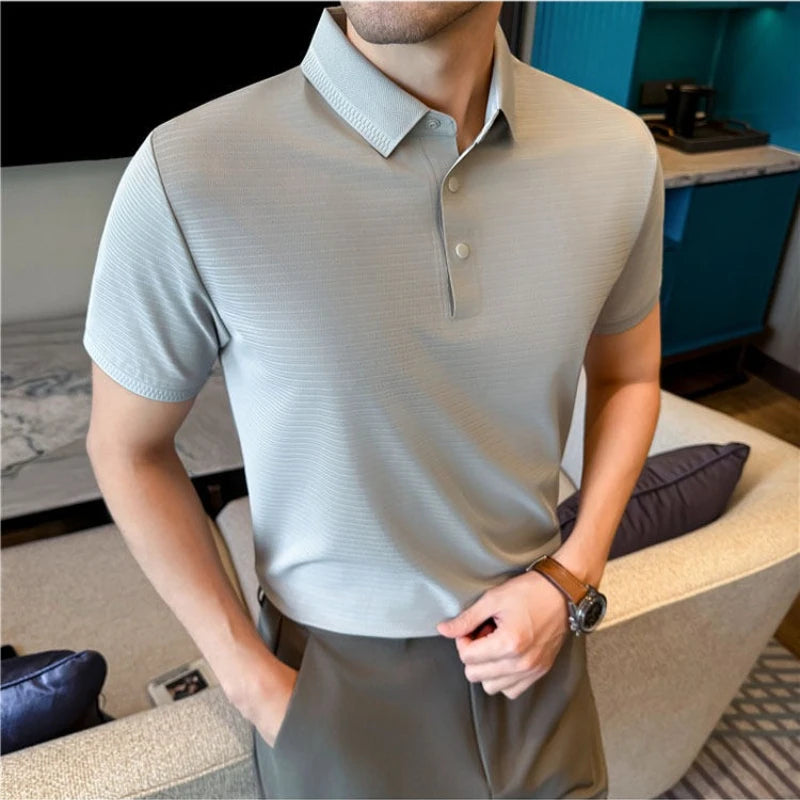 Men Summer Short Sleeve Striped Polo Shirt Slim Fit Elastic Solid Color Business Casual T-Shirt