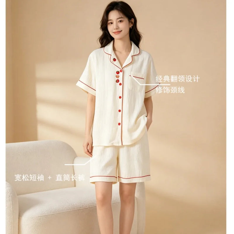 100% Cotton Pajamas for Woman Nightwear Cardigan Lapel Short Sleeve Top Two Piece Loungewear Sleepwear Women's Cotton Pijama