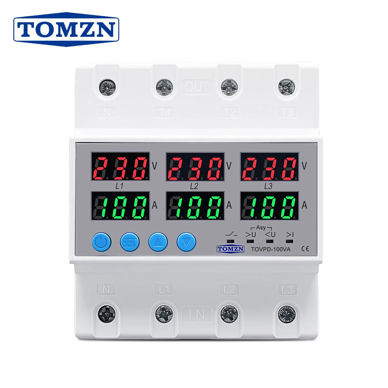 TOMZN 100A 3Phase Din Rail Voltmeter Ammeter Adjustable Over and Under Voltage Current Limit Protection Monitor Relays Protector