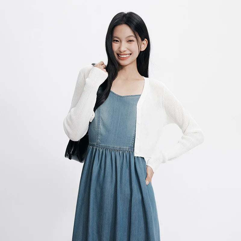 Semir Women Dress Denim V Neck Cool Feeling Slip Dress Short Cardigan Two Piece Set Cool Stylish 2026 Summer Casual Fashion Top