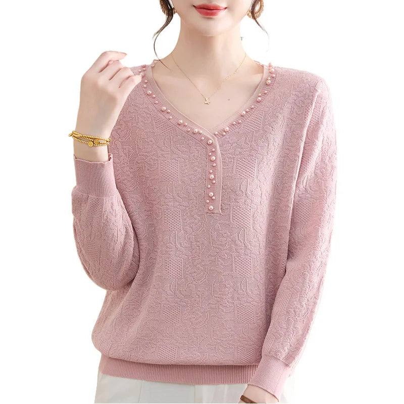 Sweater For Woman V Neck Long Sleeve Tops Spring Autumn Women's Clothing Beading Pullover Blouse Hot Sweaters Female Jumper