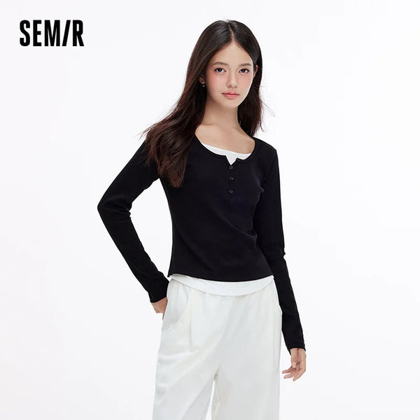 អាវយឺត Semir សម្រាប់នារី ដៃវែង រាងកោង ដេរប៉ាក់ពីរដុំ រចនាបថធម្មតា ស្លៀកប្រចាំថ្ងៃ រដូវស្លឹកឈើជ្រុះ ឆ្នាំ២០២៦