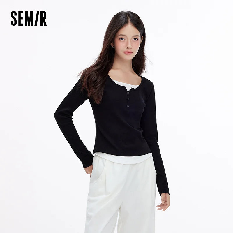 Semir Women Tshirt Slim Long Sleeve Curved Hem Patchwork Faux Two Piece Base Top Autumn Casual Style Daily Wear 2026