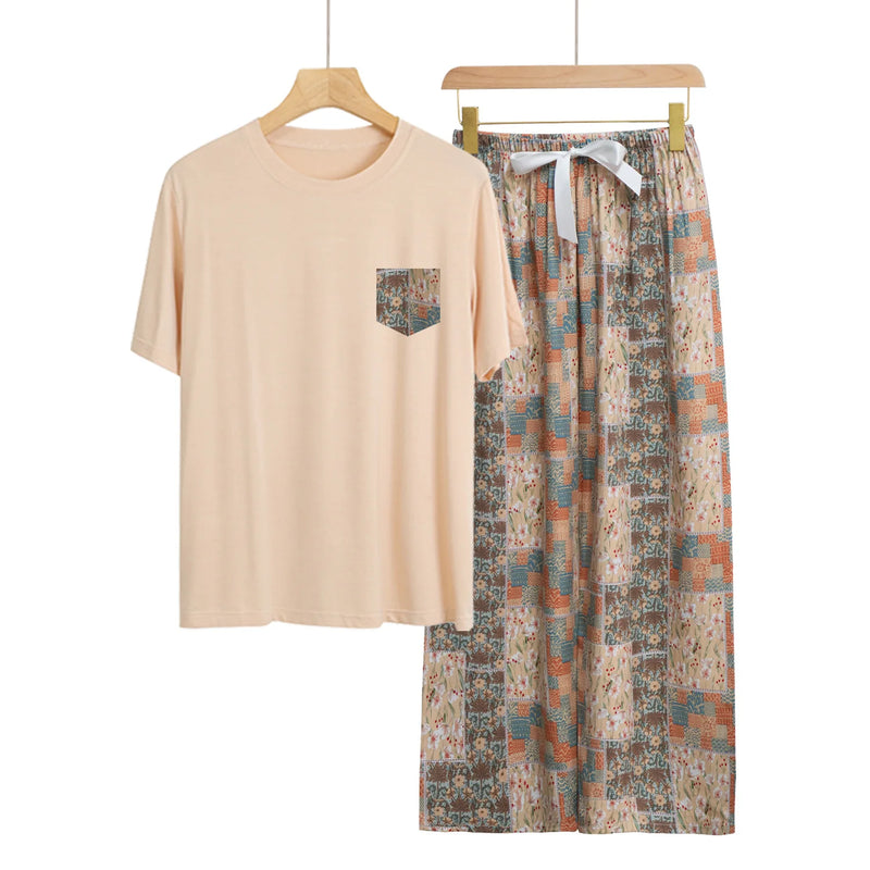 Fashion Printed Short Sleeve Straight Pants Set New Modal Comfort Woman Pajamas Loose Women's Home Clothes Spring Summer Pijama