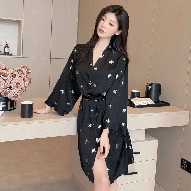 Kimono Robe Sleepwear Comfort Bathrobe Loungewear Woman Clothing New Spring Autumn V Neck Long Sleeve Women's Dressing Gown