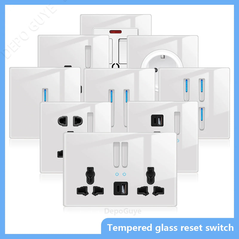 White LED indicator light switch Panel glass piano key Self-reset wall switch socket,UK Universal USB Type-C Electrical outlet