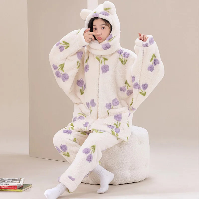 Warm Sleepwear For Winter Pajamas Thicken Flannel Coral Fleece Women's Pajamas Set Hooded Cartoon Cute Nightwear Home Clothes