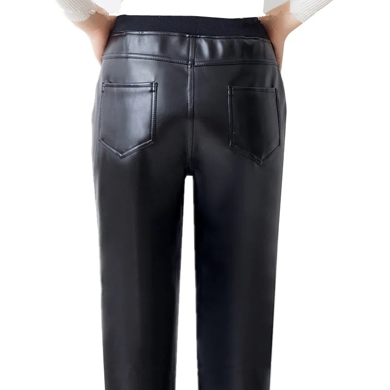 2026 Spring Women's Black PU Straight Pants, Fashion Casual Trousers Women, Asian Size Winter Padded Models Can Be Selected