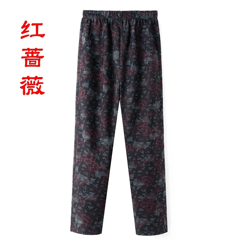 ខោស្ត្រីវ័យកណ្តាលទំហំ ៨XL ៩XL បោះពុម្ពថ្មី ចង្កេះខ្ពស់ ខោធម្មតា ខោនិទាឃរដូវ និងរដូវស្លឹកឈើជ្រុះ ខោត្រង់ ទំហំធំ យាយប៉ា