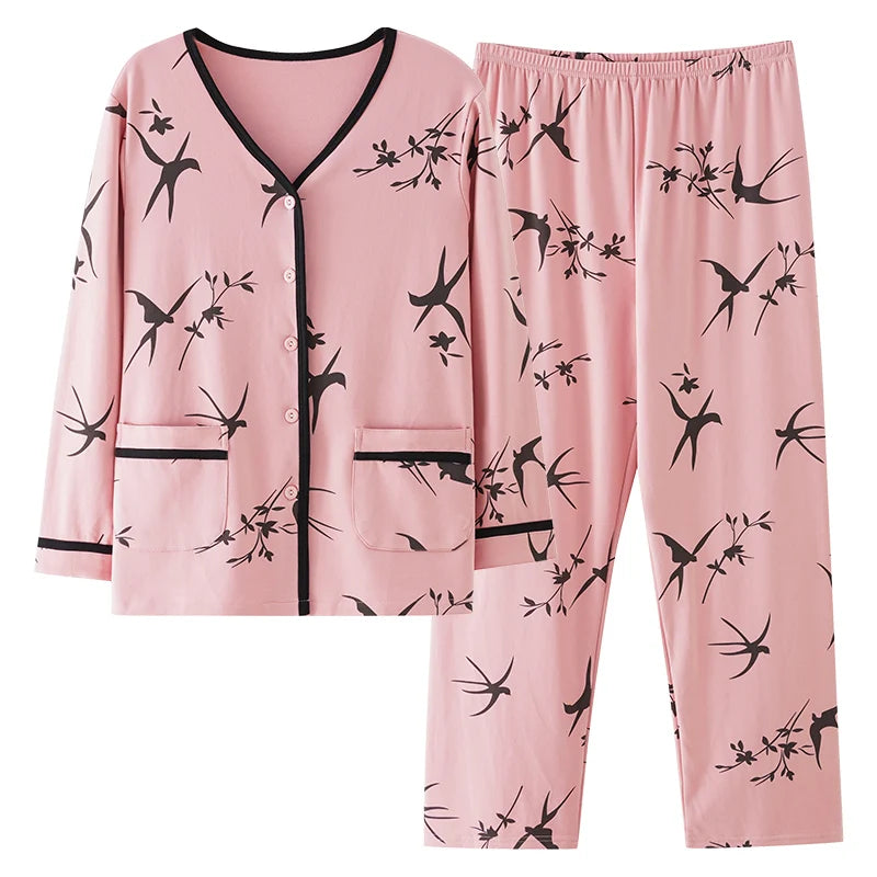 Spring Autumn O-Neck Pyjamas Female Pajamas Sets Elegant Floral Japanese Kimonos For Women Big Yards M-3XL Cotton Home Clothes