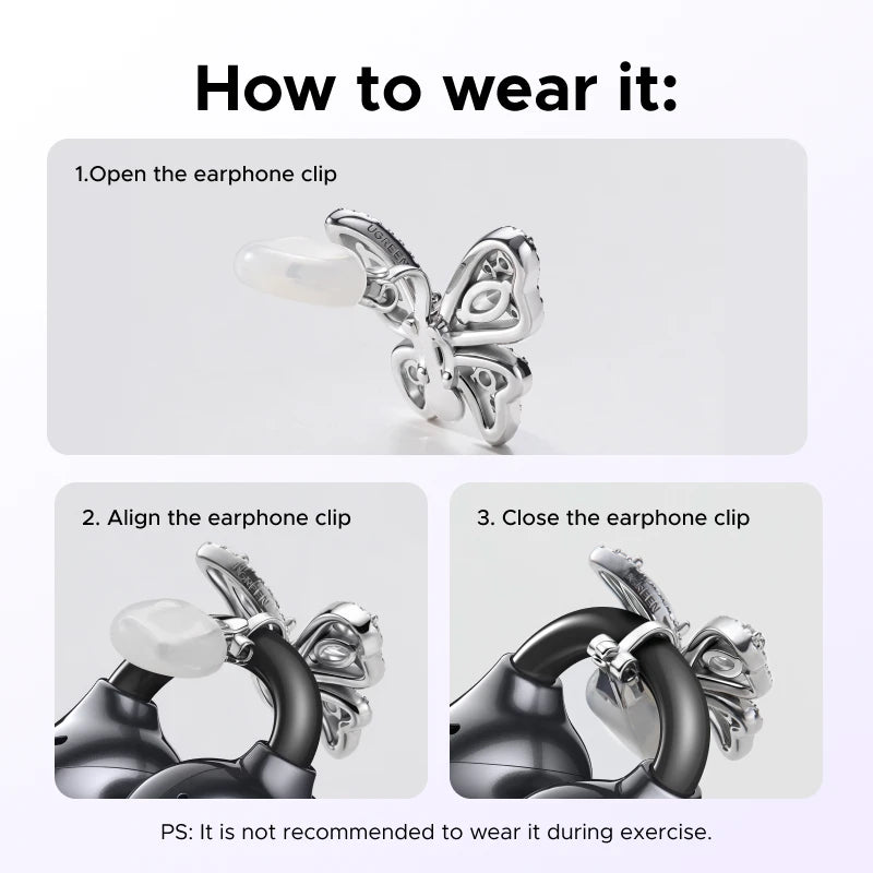 UGREEN Jewelry-Inspired Full Diamond Butterfly Clip On Earbuds, Open Ear Wireless Bluetooth Ear Cuff Headphones for Women, Bling