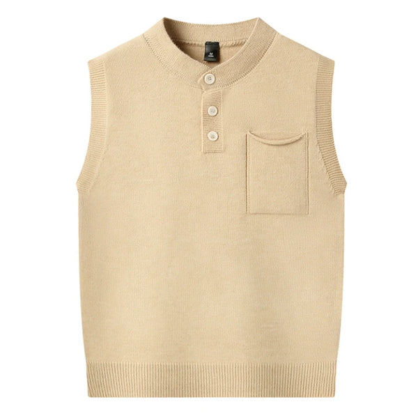 Men's Stand-Up Collar Knitted Vest with Button Front and Patch Pocket Spring and Autumn Pullover Knit Sweater