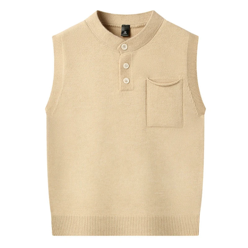 Men's Stand-Up Collar Knitted Vest with Button Front and Patch Pocket Spring and Autumn Pullover Knit Sweater