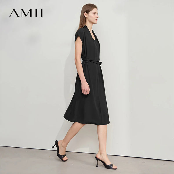 រ៉ូប AMII Minimalist Office Lady រាងផ្នត់ រដូវក្តៅ ឆ្នាំ២០២៥ ចង្កេះរលុង អាវក្រណាត់ Chiffon សម្រាប់នារី ដៃអាវធម្មតា ពណ៌ស រ៉ូប Midi 12522140