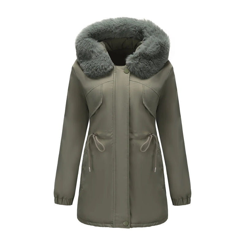 Women's Beige Mid-length Thick Jacket, Blue Knee-length Parka, Fitted Fur-trim Casual Overcoat, Stylish and Warm Trench Coat.