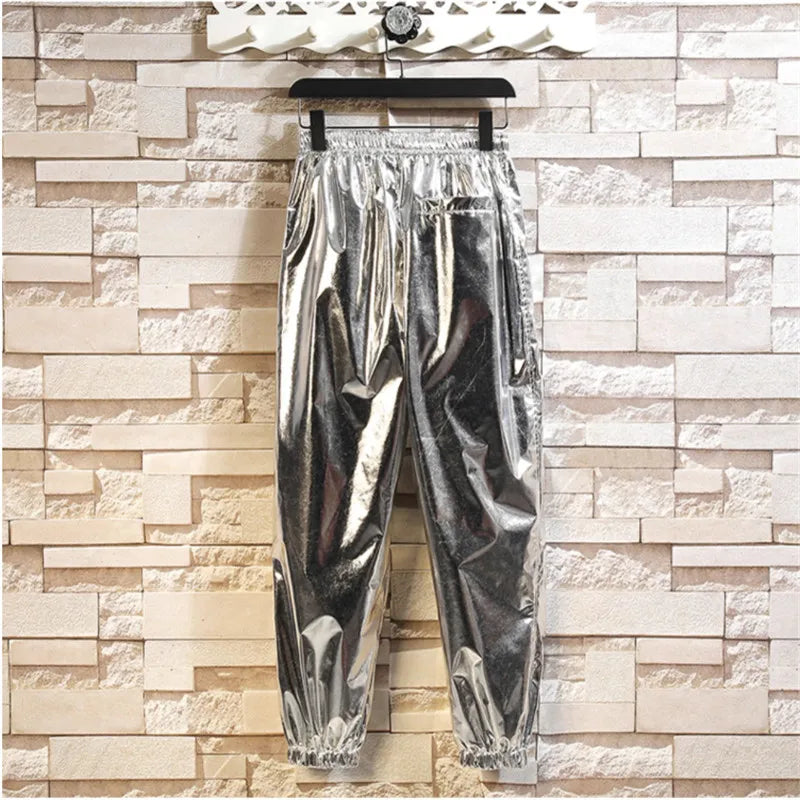 Gold Mens Pants, Elastic Waist Casual Trousers, Silver Fashion Loose Straight Leg Pant, Great for Dance Performances