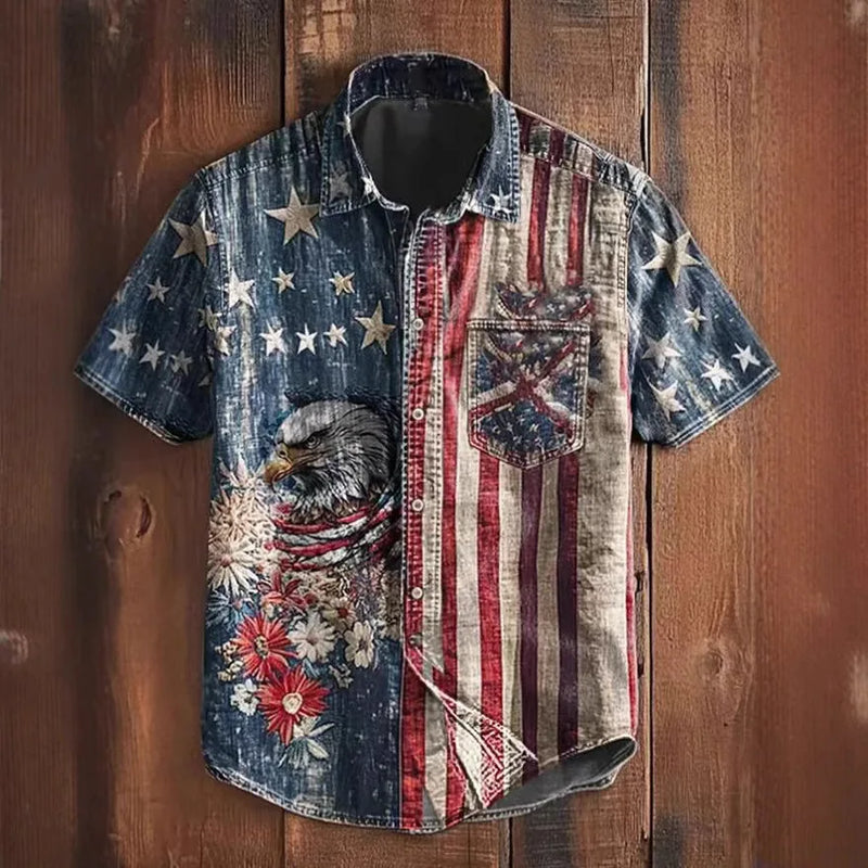 European and American Retro-Style Men's Short-Sleeve Printed Shirts, Summer Single-Breasted Collared Shirt, Sizes S–XXXL.